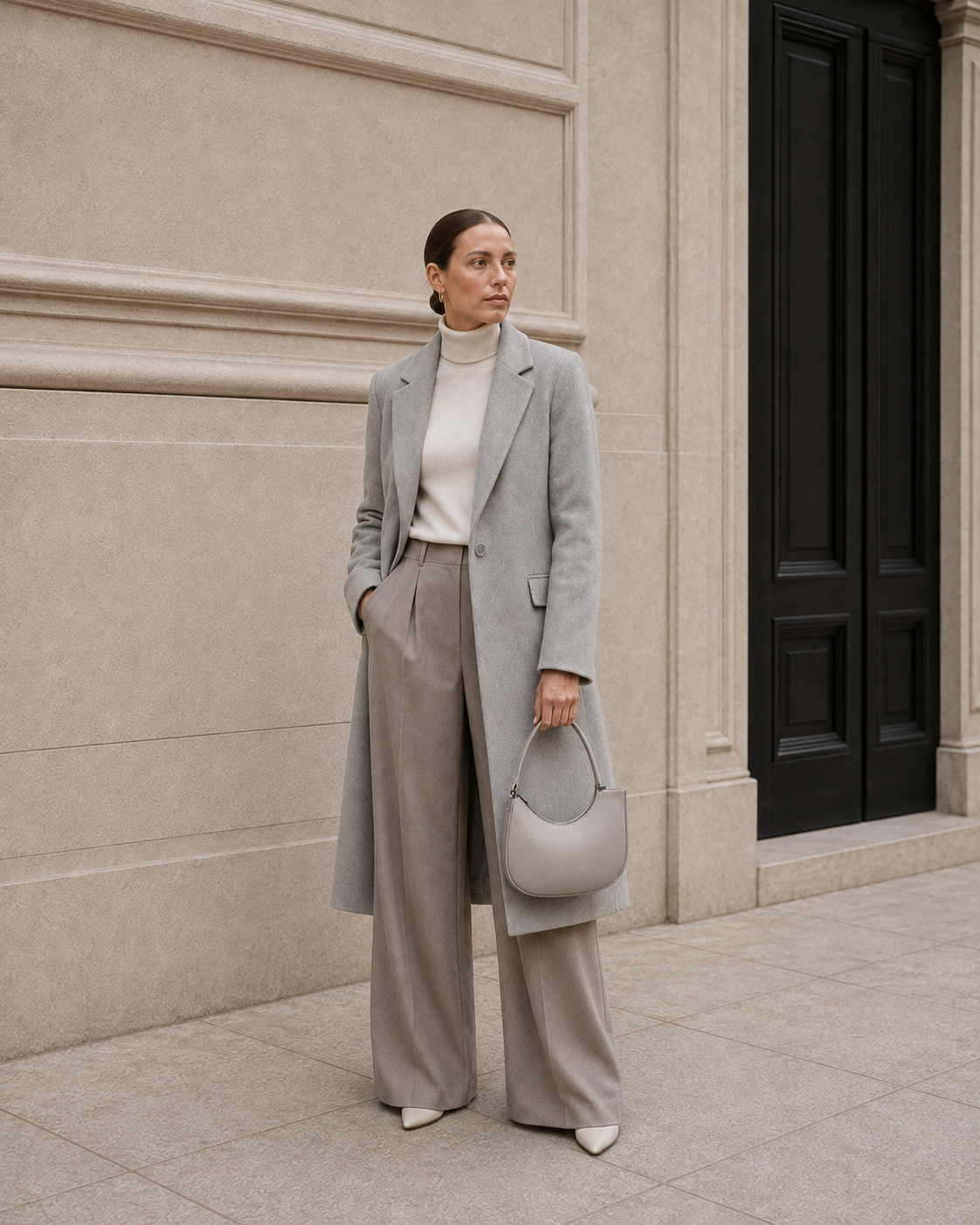 Model carries the bone gray MUYLOTTA ML-SH08 shoulder bag.