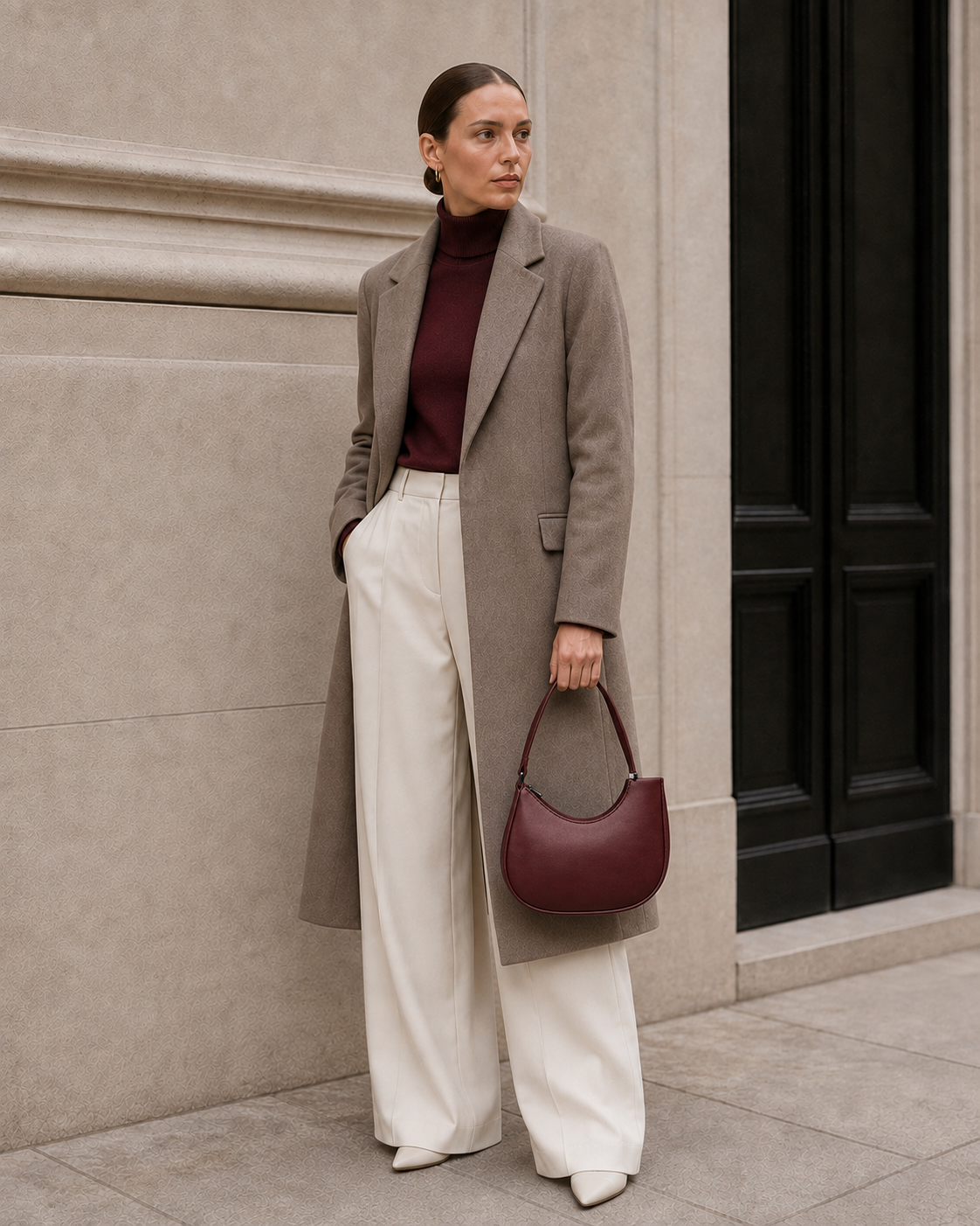 Model carries the oxblood MUYLOTTA ML-SH08 shoulder bag.