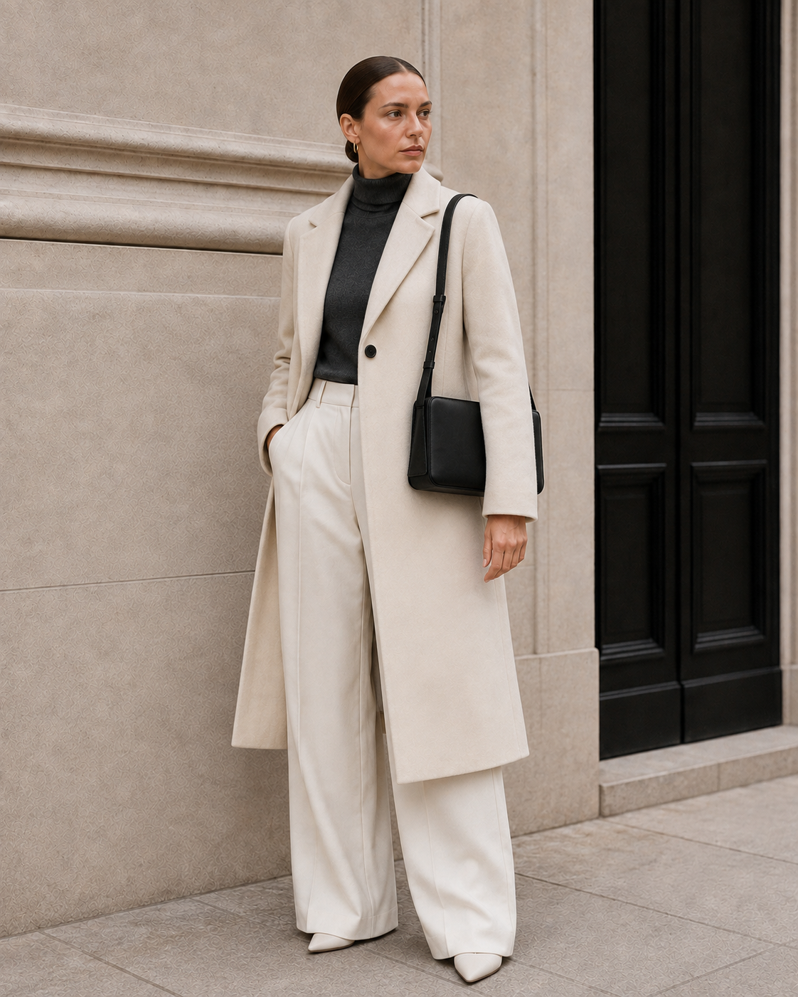 Model carries the black MUYLOTTA ML-SH09 shoulder bag.