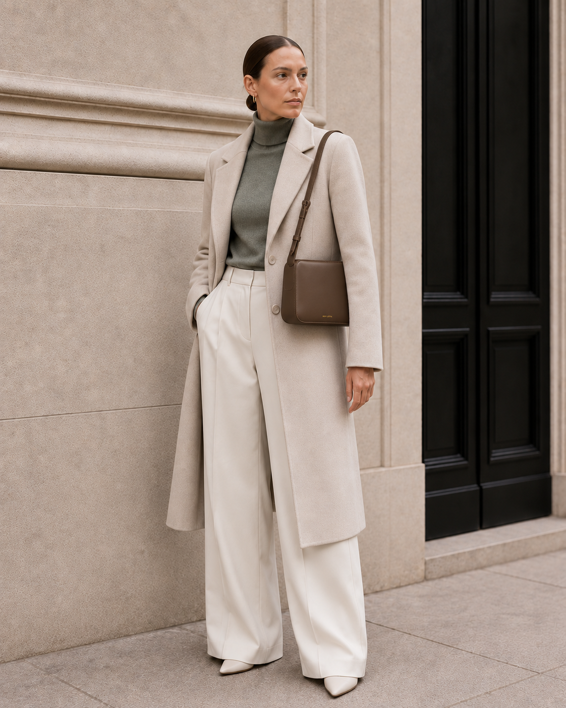 Model carries the cool brown MUYLOTTA ML-SH09 shoulder bag.