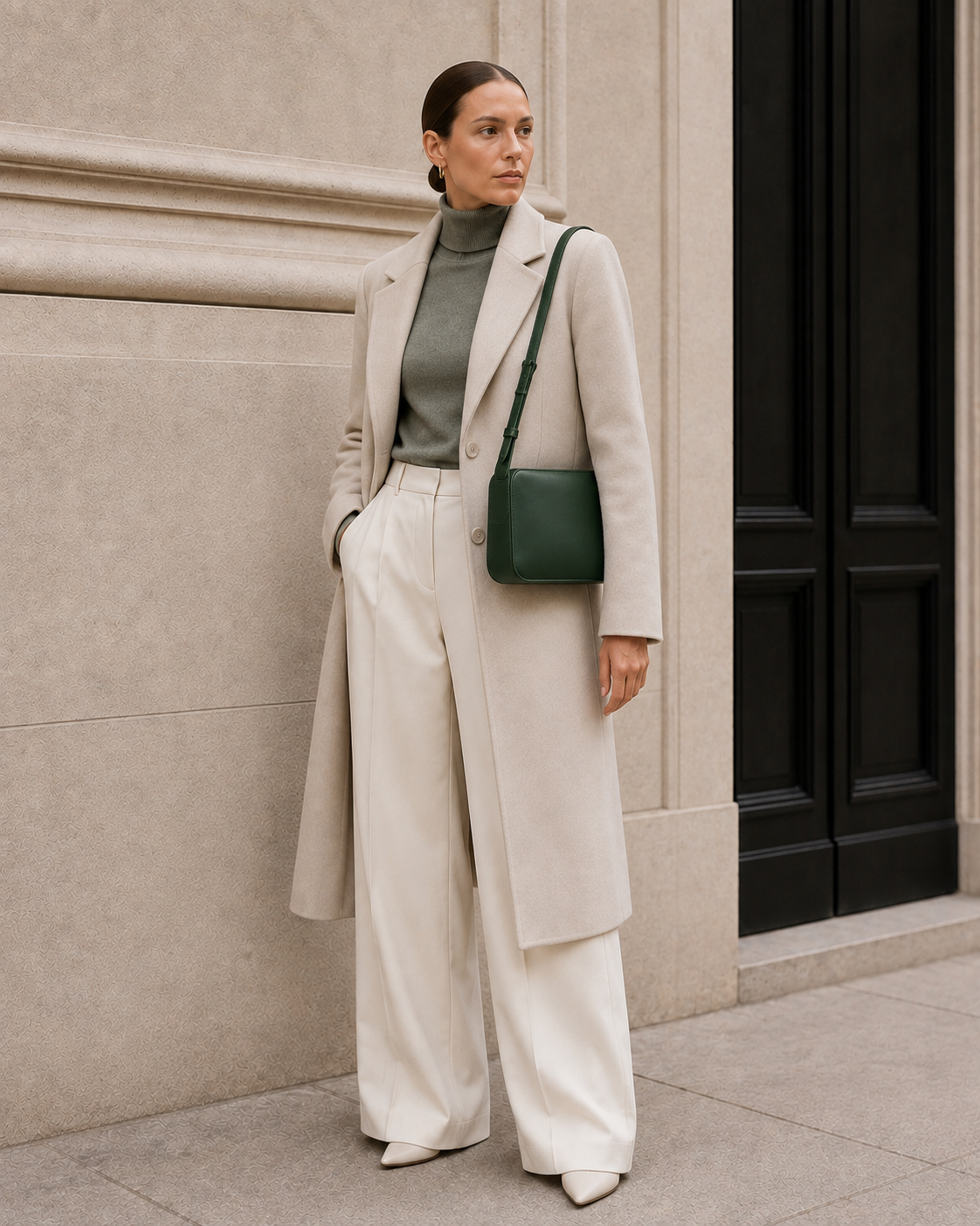 Model carries the ink green MUYLOTTA ML-SH09 shoulder bag.