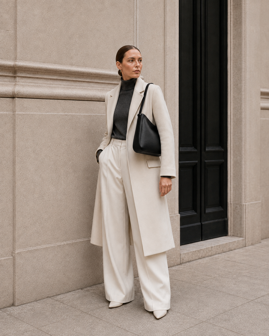 Model carries the black MUYLOTTA ML-SH10 shoulder bag.
