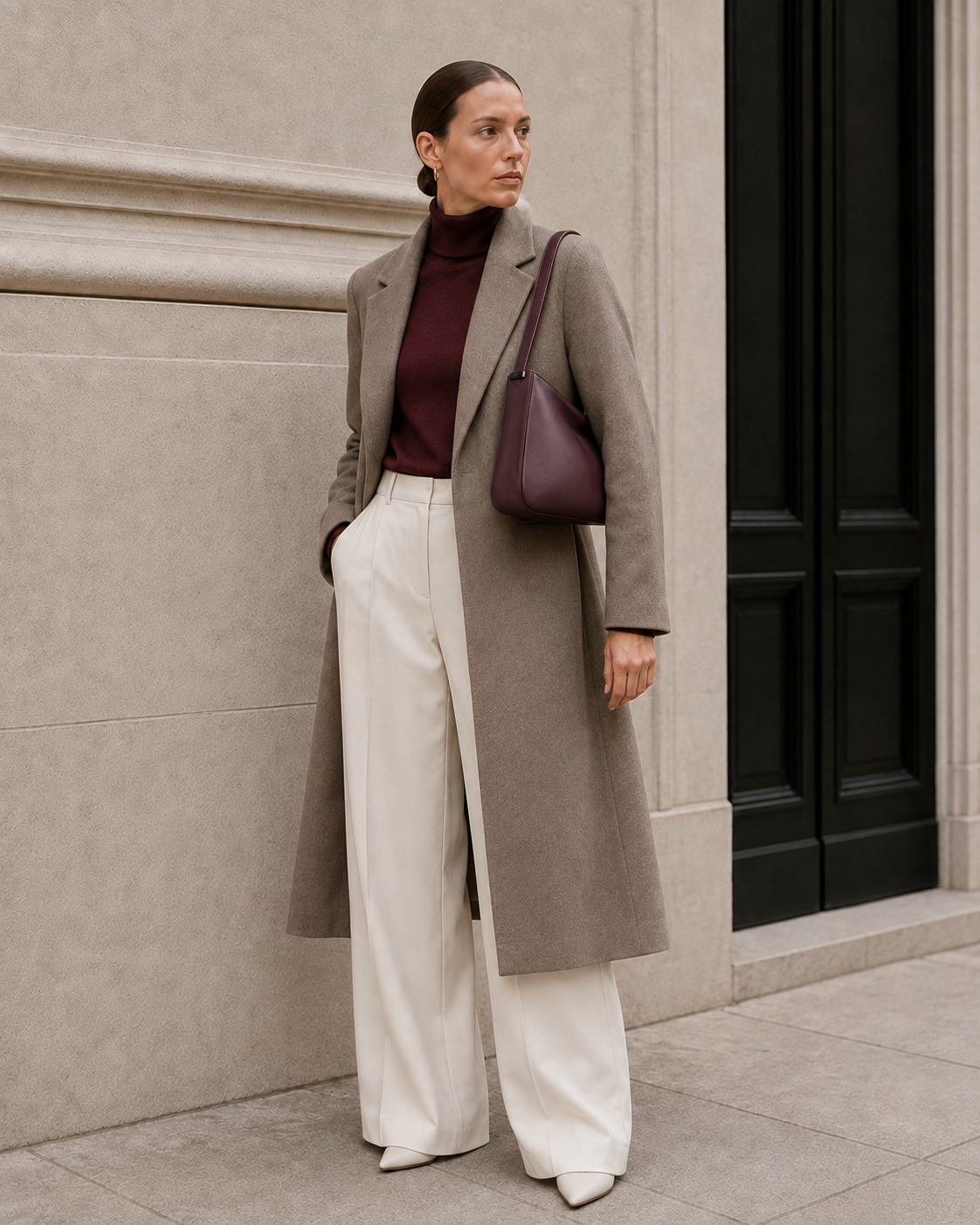 Model carries the deep plum MUYLOTTA ML-SH10 shoulder bag.