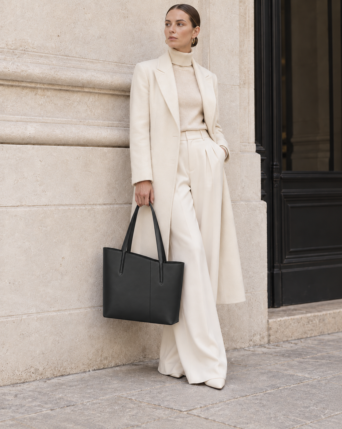 Woman in tailored neutrals carries the black MUYLOTTA ML-TT01 commuter tote on her shoulder by a limestone wall.
