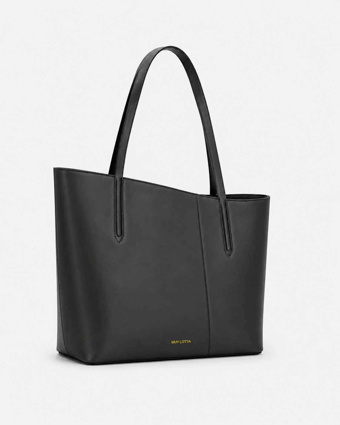 MUYLOTTA ML-TT01 black commuter tote, three-quarter view, with long straps and an offset center seam.