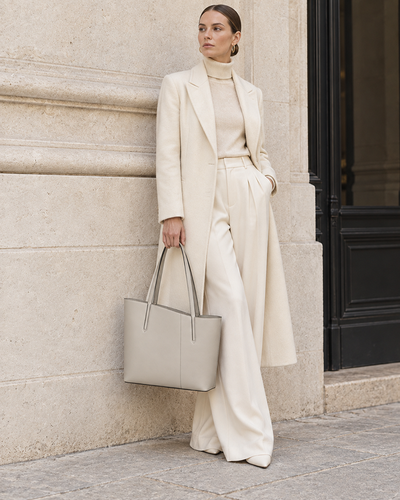 Woman in tailored neutrals carries the bone gray MUYLOTTA ML-TT01 commuter tote on her shoulder by a limestone wall.