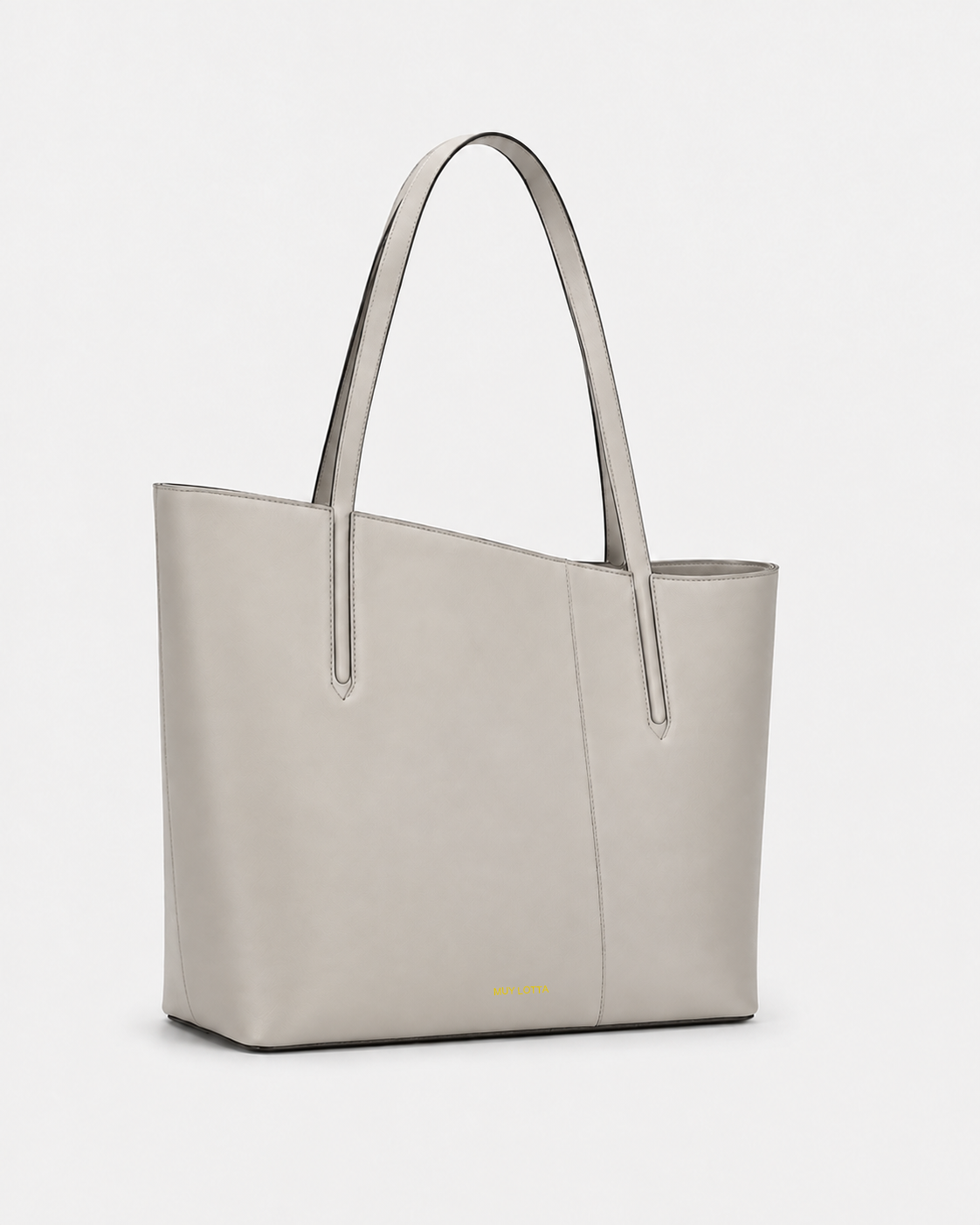 MUYLOTTA ML-TT01 bone gray commuter tote, three-quarter view, with long straps and an offset center seam.