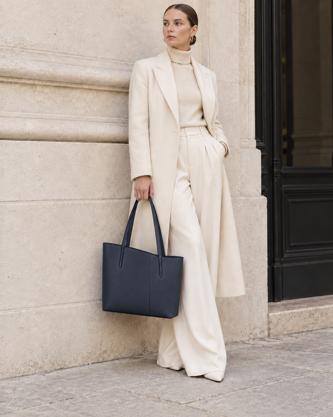 Woman in tailored neutrals carries the ink navy MUYLOTTA ML-TT01 commuter tote on her shoulder by a limestone wall.