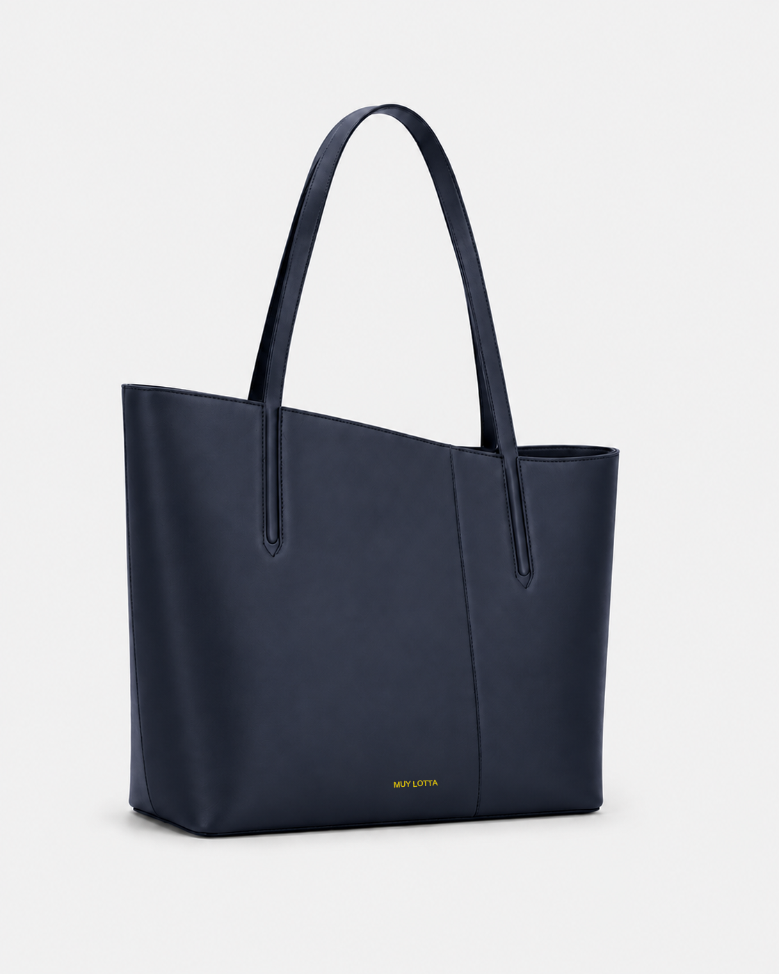 MUYLOTTA ML-TT01 ink navy commuter tote, three-quarter view, with long straps and an offset center seam.