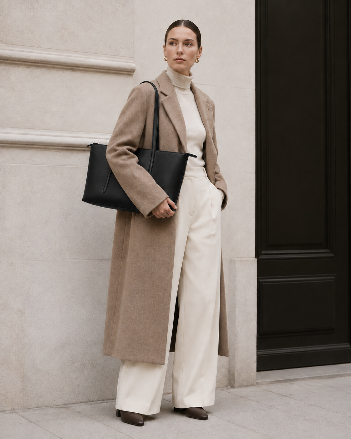 Woman in tailored neutrals carries the black MUYLOTTA ML-TT02 east-west tote on her shoulder by a limestone wall.