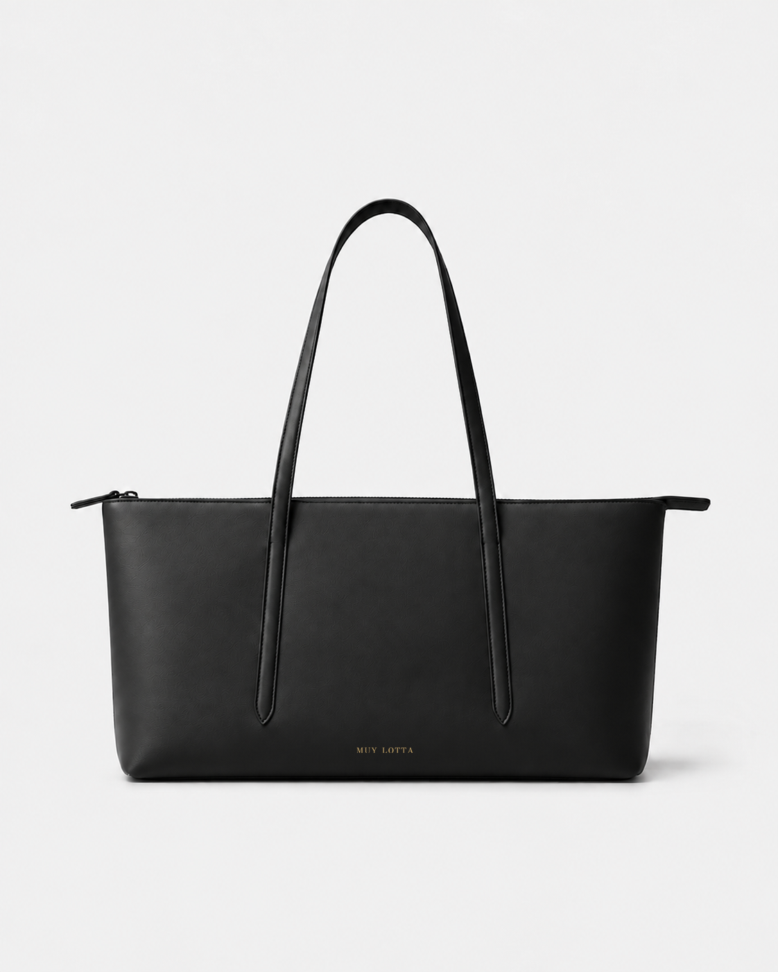 MUYLOTTA ML-TT02 black east-west tote, three-quarter view, with slim handles and an extended right top edge.