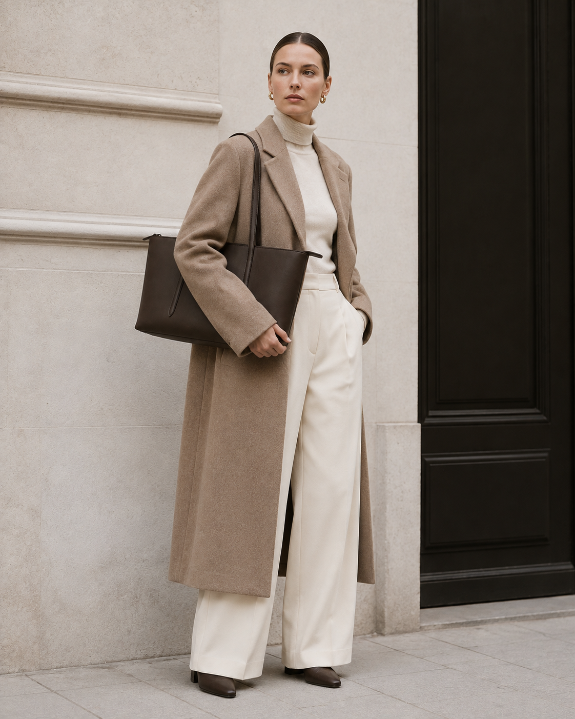 Woman in tailored neutrals carries the deep brown MUYLOTTA ML-TT02 east-west tote on her shoulder by a limestone wall.
