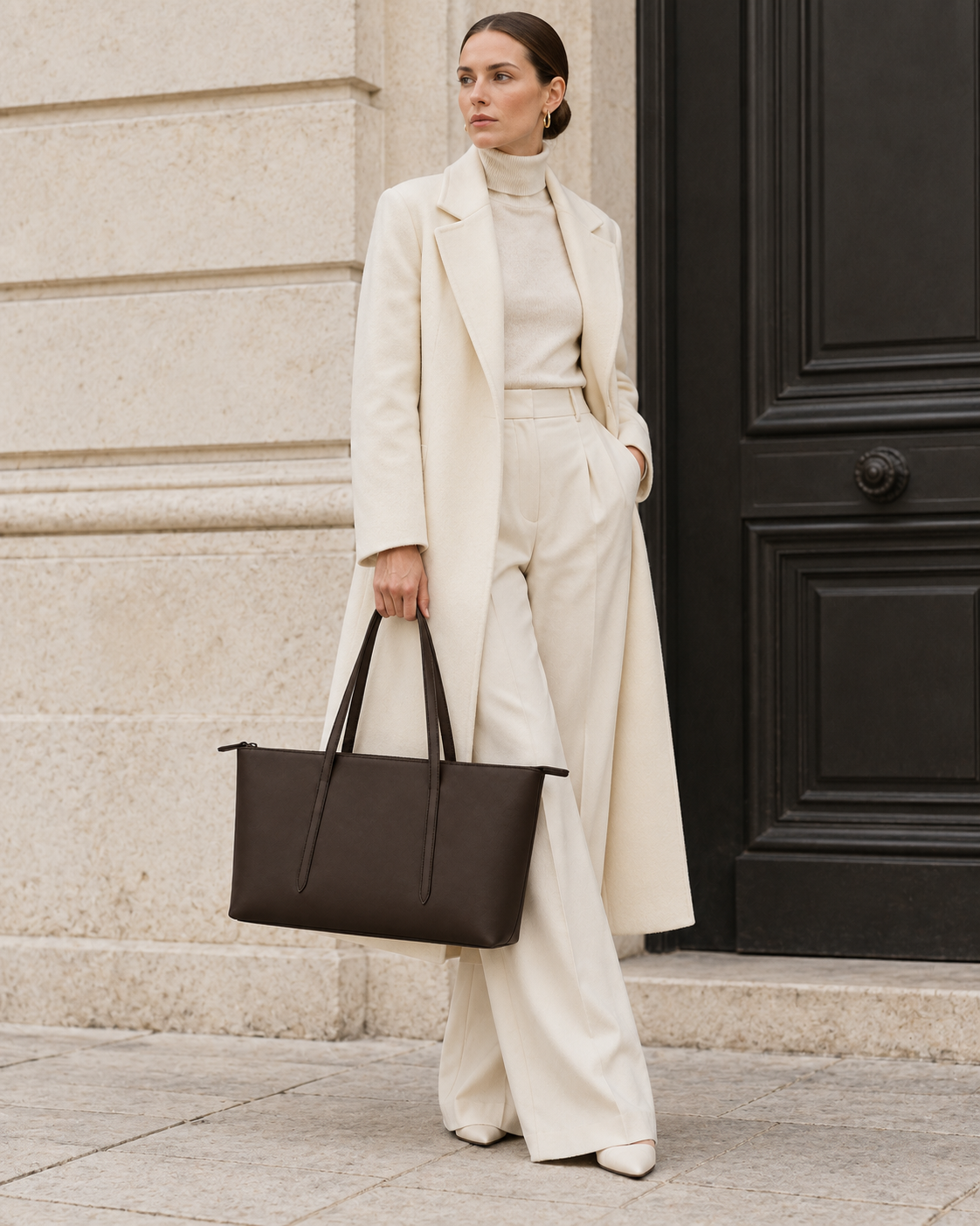 Woman carries the deep brown MUYLOTTA ML-TT02 east-west tote in a second shoulder styling view.