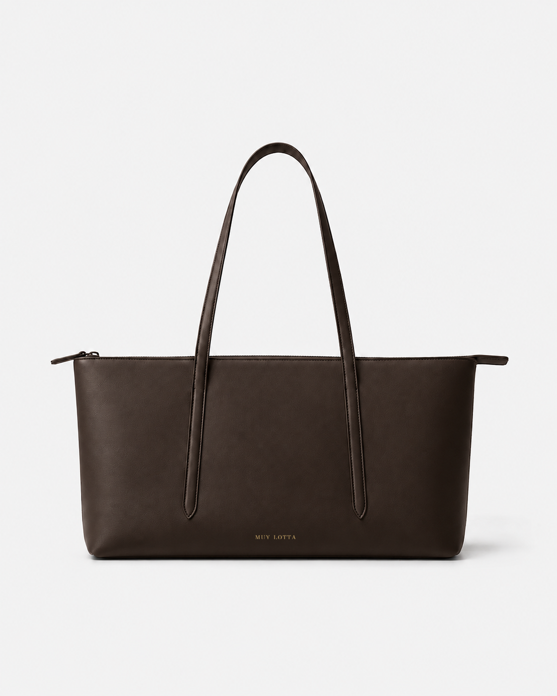 MUYLOTTA ML-TT02 deep brown east-west tote, three-quarter view, with slim handles and an extended right top edge.