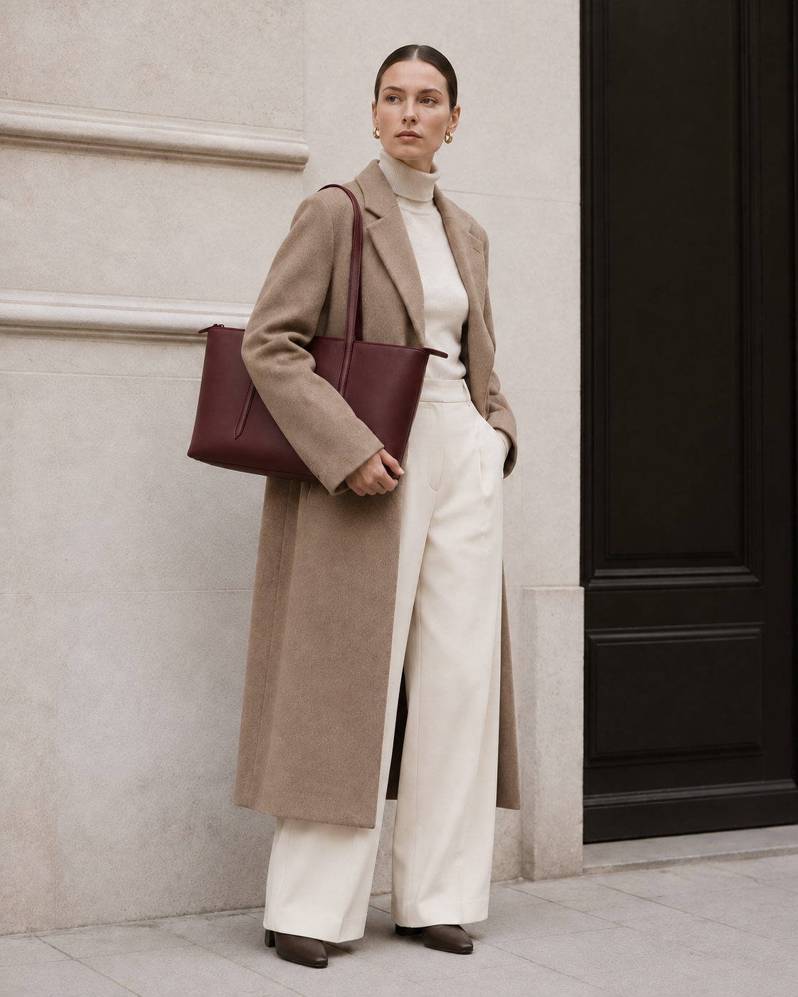 Woman in ivory and burgundy wears the oxblood MUYLOTTA ML-TT02 on short handles, with both hands at her sides.