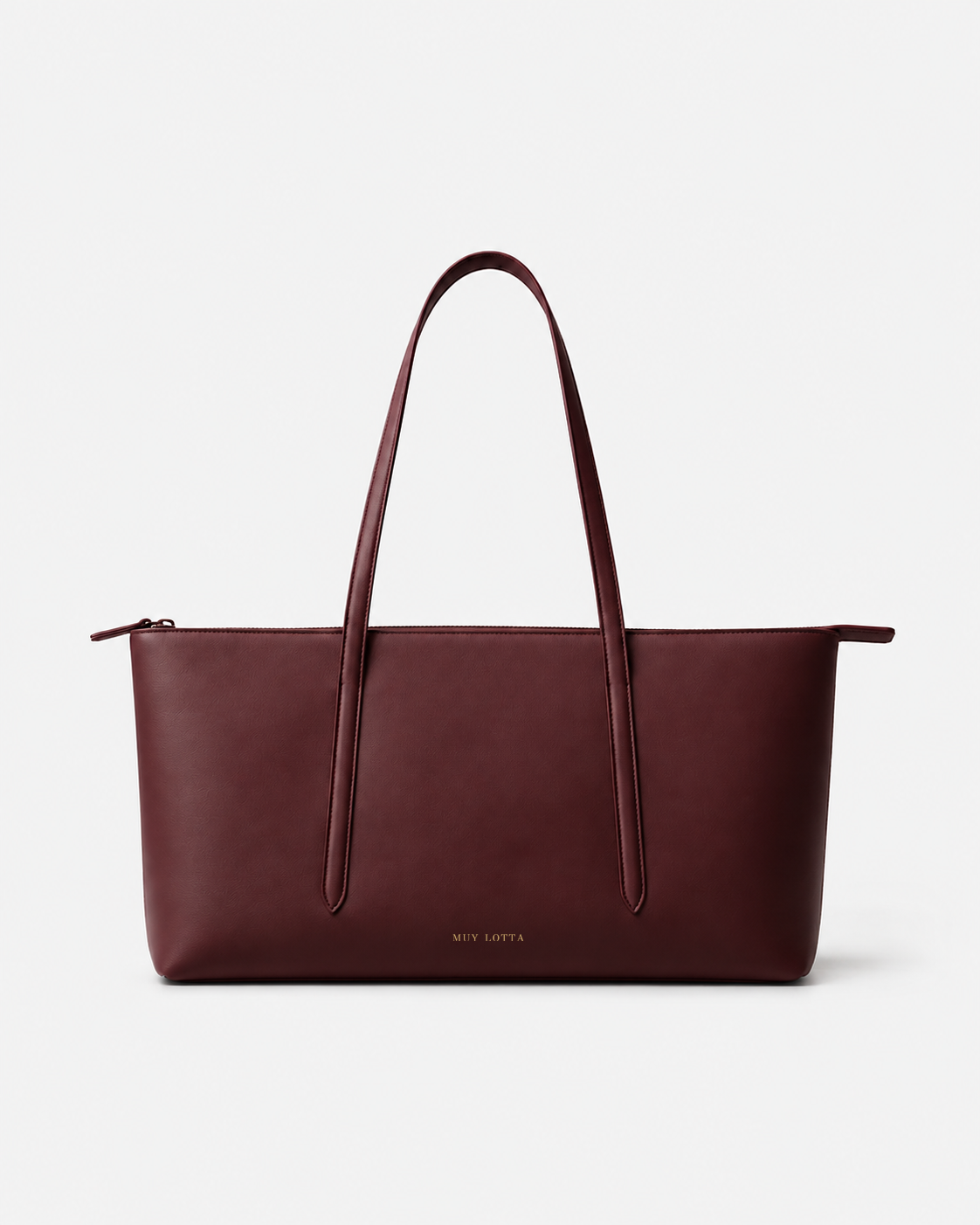 MUYLOTTA ML-TT02 oxblood east-west tote, three-quarter view, with slim handles and an extended right top edge.
