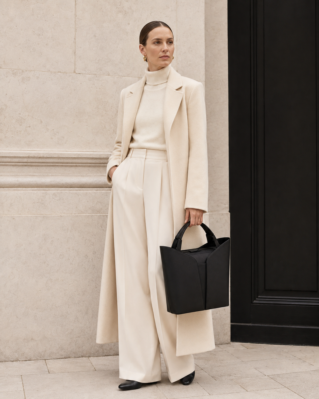 Woman in tailored neutrals carries the black MUYLOTTA ML-TT03 structured tote by its top handles by a limestone wall.