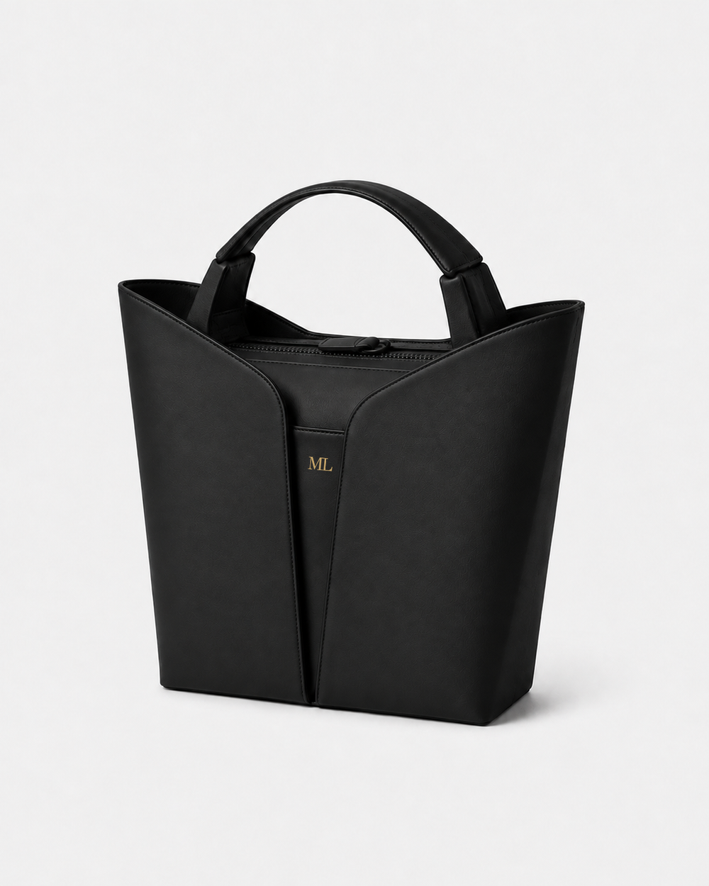 MUYLOTTA ML-TT03 black structured tote, three-quarter view, with split shells and short bridge handles.