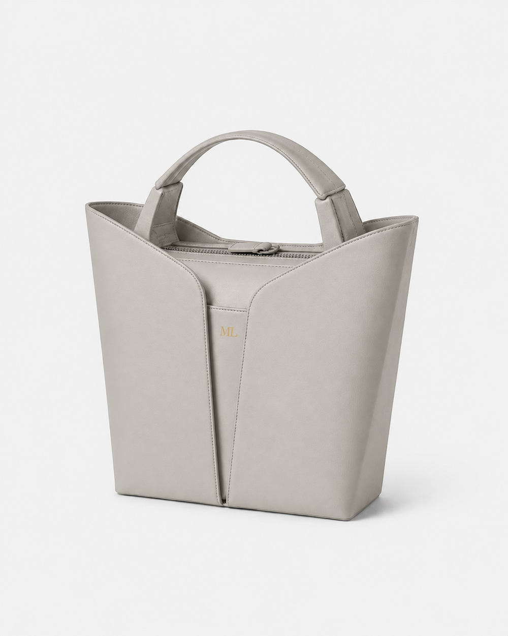 MUYLOTTA ML-TT03 bone gray structured tote, three-quarter view, with split shells and short bridge handles.