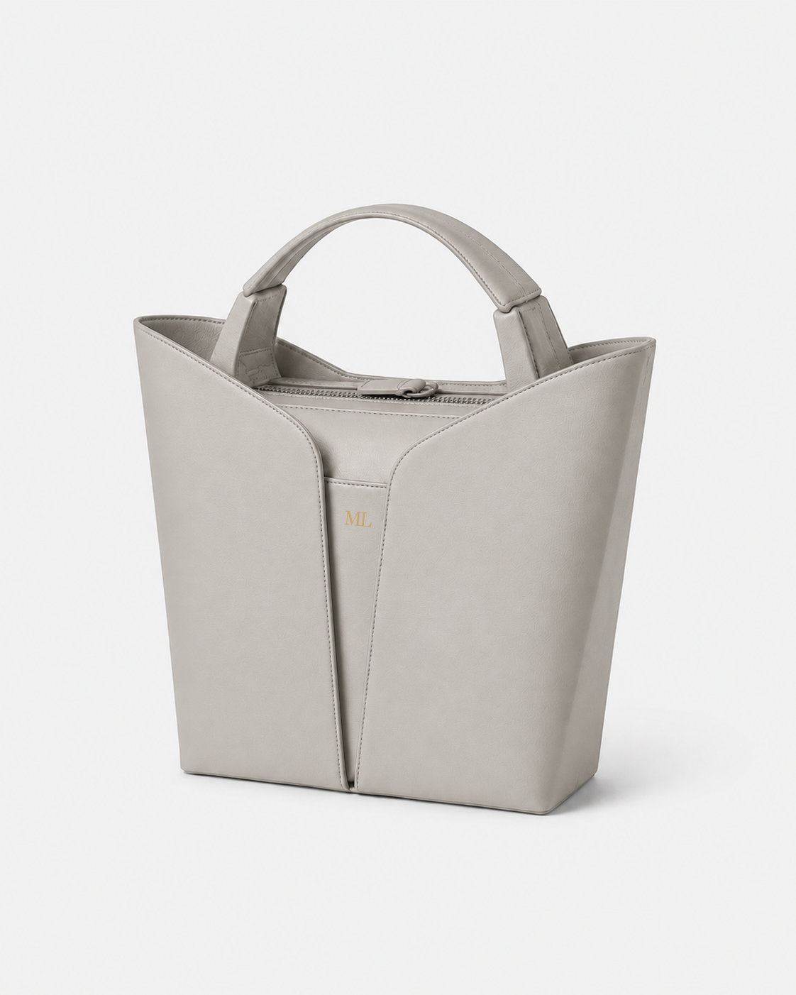 MUYLOTTA ML-TT03 bone gray structured tote, three-quarter view, with split shells and short bridge handles.