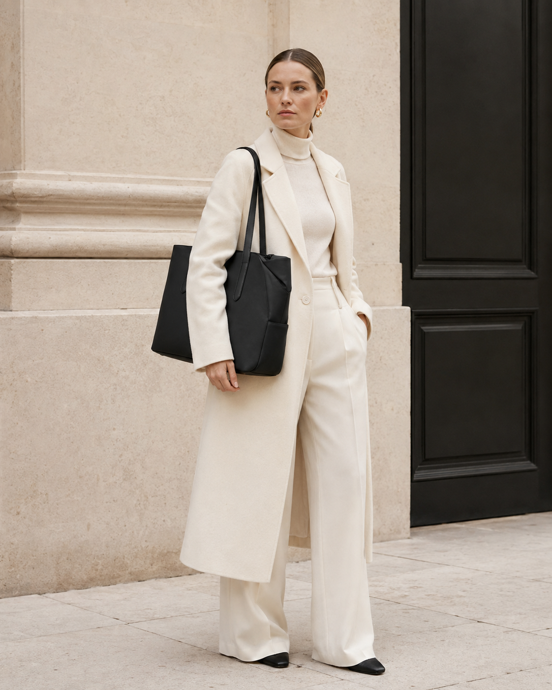 Woman in tailored neutrals carries the black MUYLOTTA ML-TT04 commuter tote on her shoulder by a limestone wall. #black