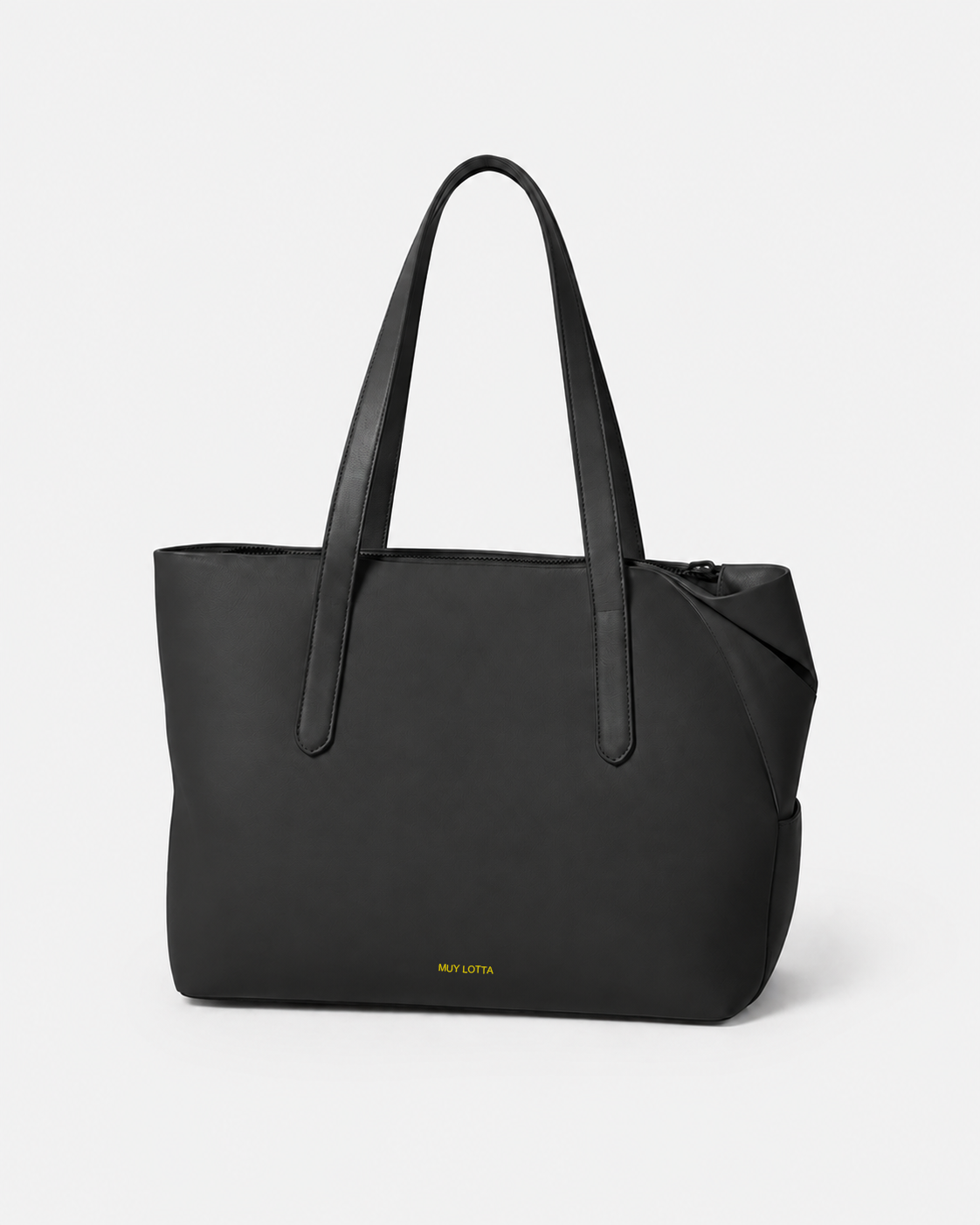 MUYLOTTA ML-TT04 black commuter tote, three-quarter view, with twin handles and an interrupted top corner. #black