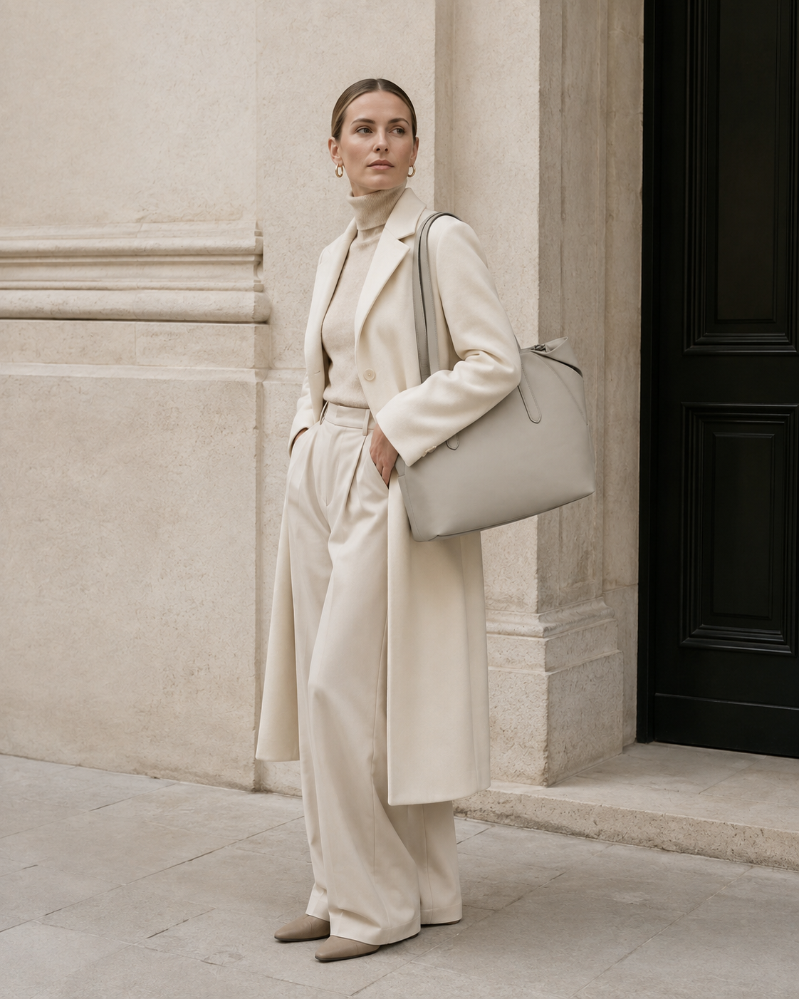 Woman in tailored neutrals carries the bone gray MUYLOTTA ML-TT04 commuter tote on her shoulder by a limestone wall. #bone-gray