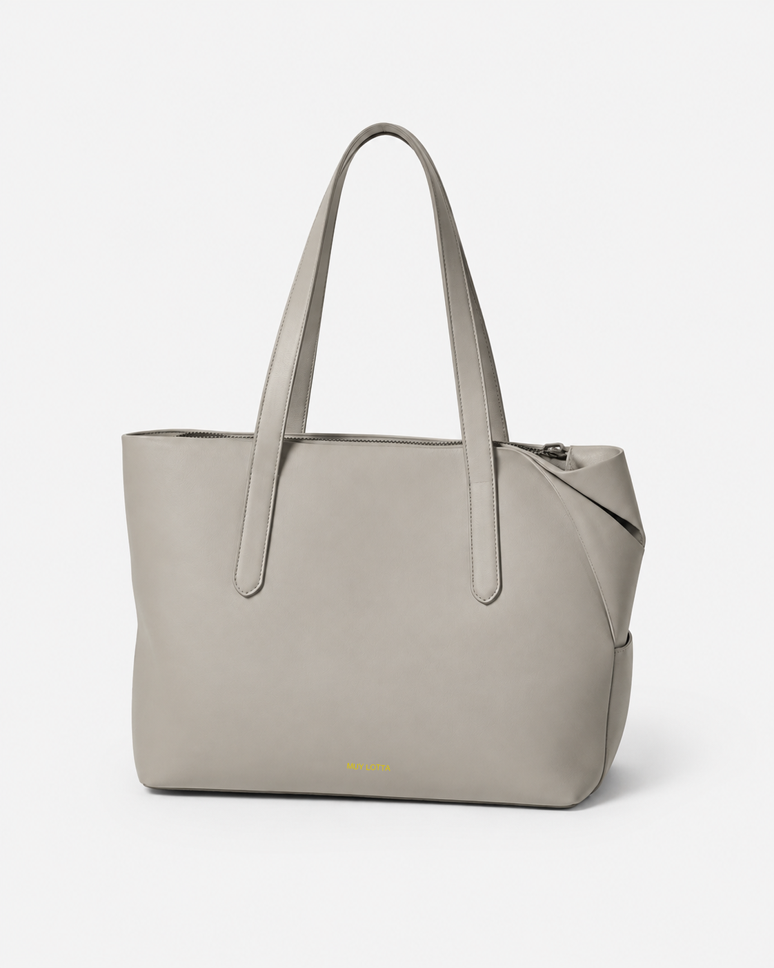 MUYLOTTA ML-TT04 bone gray commuter tote, three-quarter view, with twin handles and an interrupted top corner.