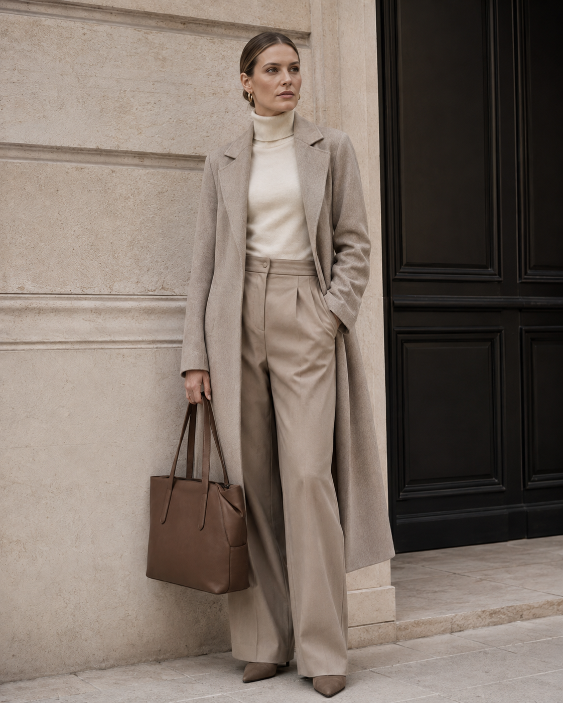 Woman in tailored neutrals carries the cocoa MUYLOTTA ML-TT04 commuter tote on her shoulder by a limestone wall. #cocoa