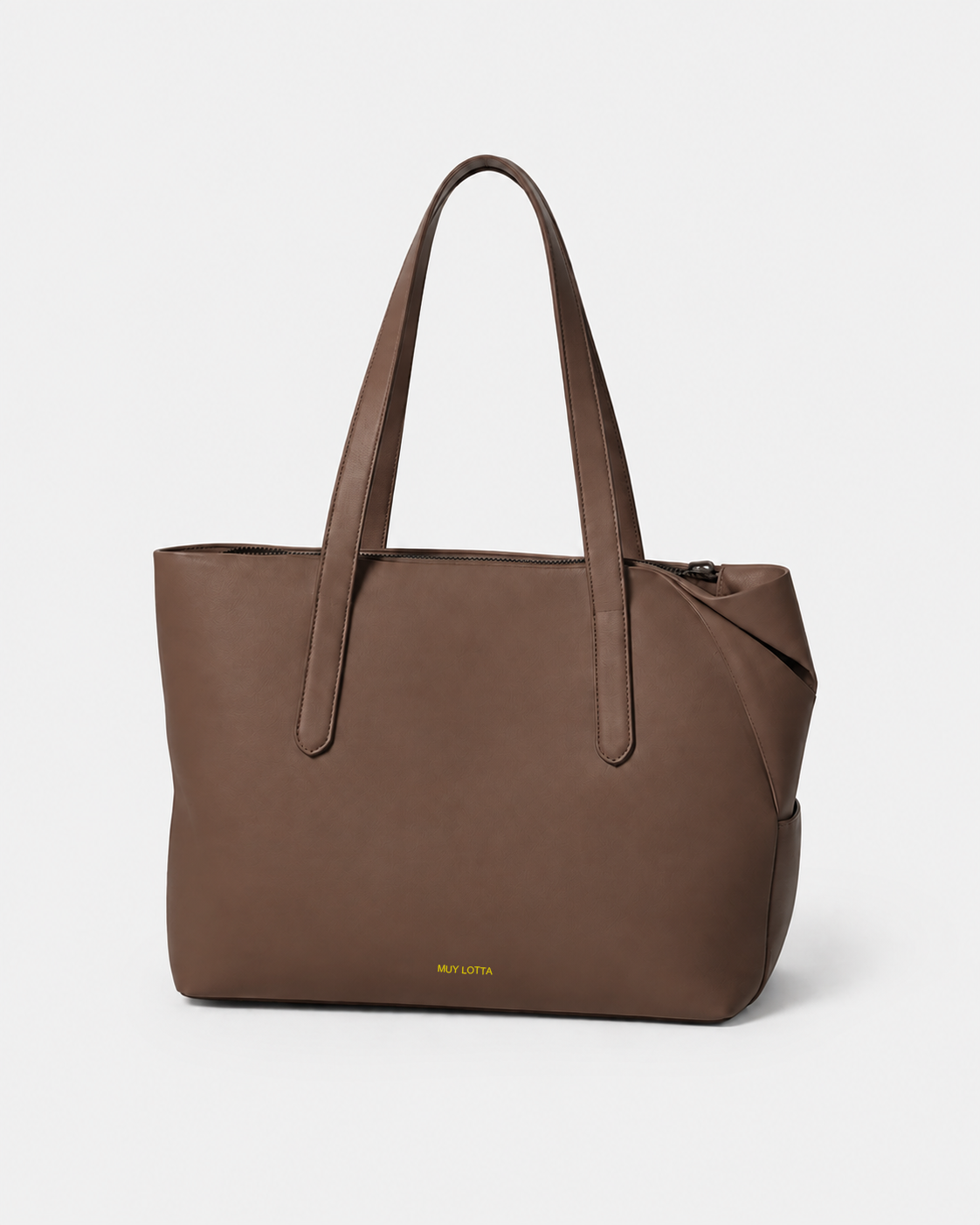 MUYLOTTA ML-TT04 cocoa commuter tote, three-quarter view, with twin handles and an interrupted top corner. #cocoa