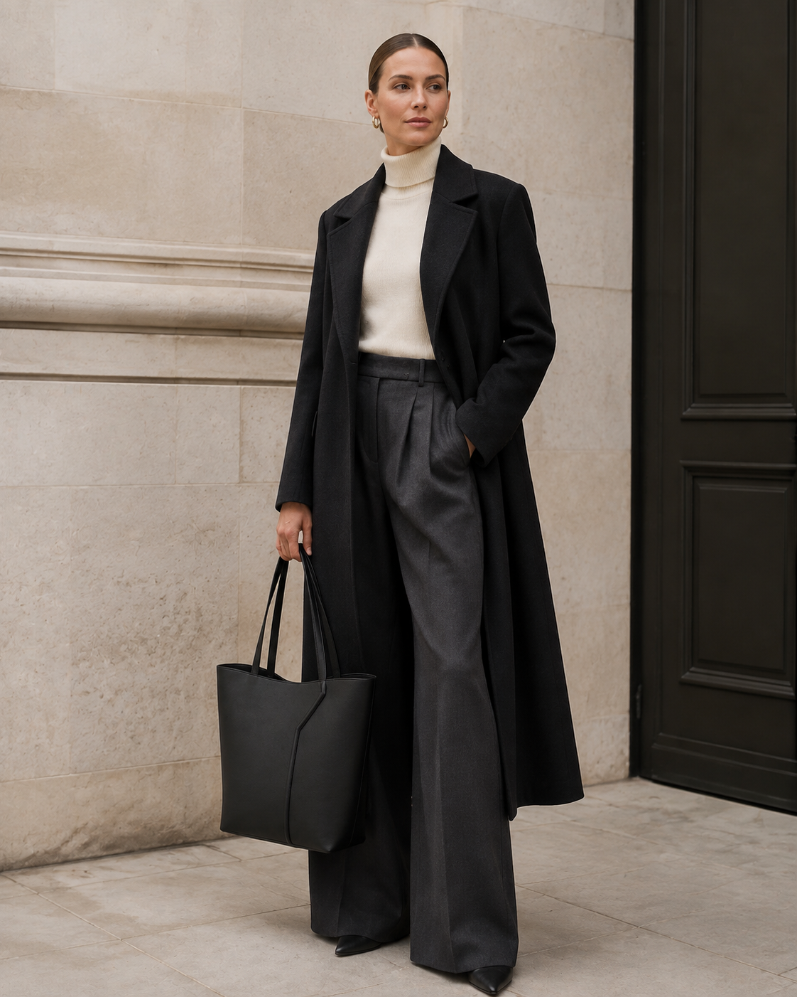 Woman in tailored neutrals carries the black MUYLOTTA ML-TT05 upright tote by its handles by a limestone wall.