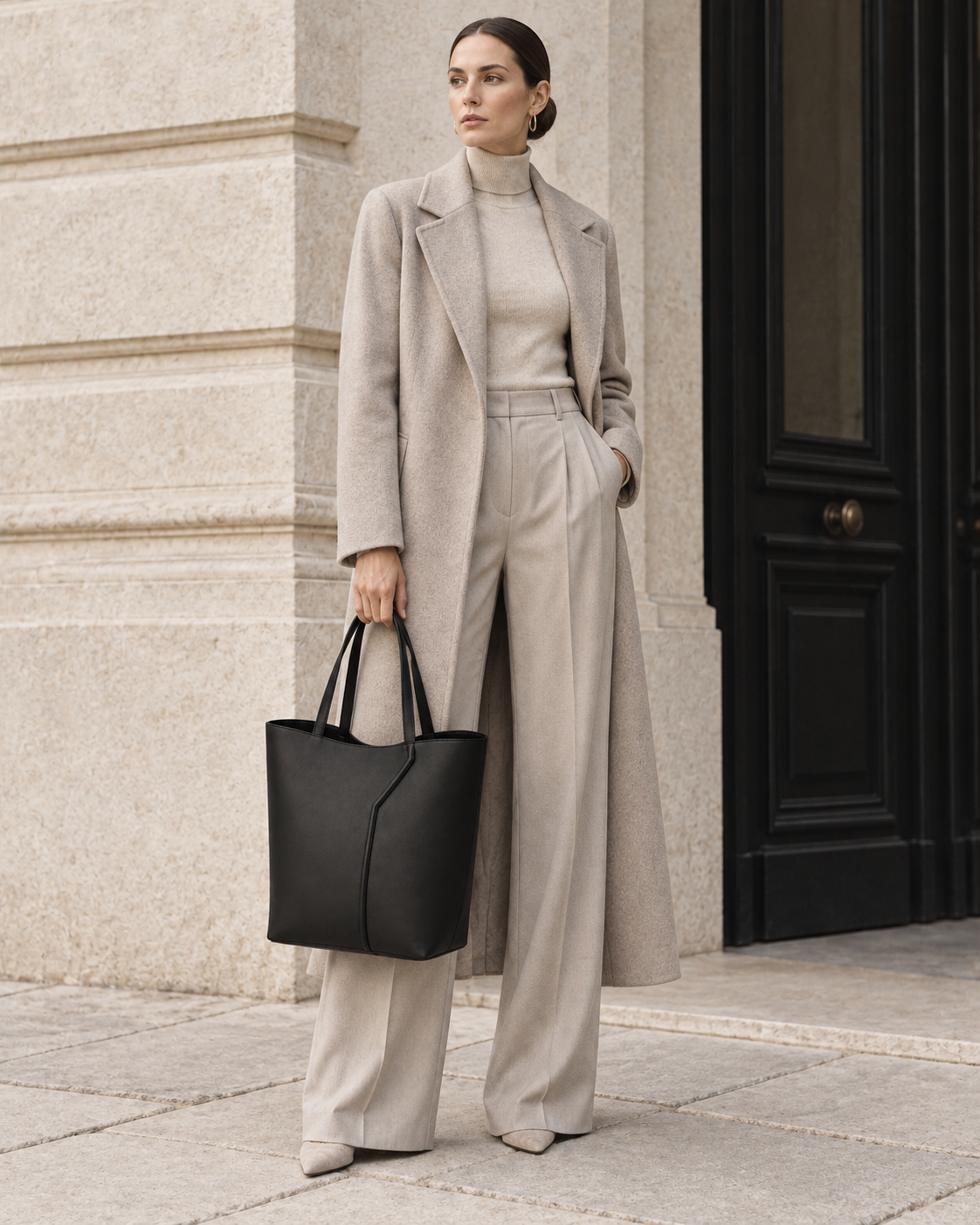 Woman carries the black MUYLOTTA ML-TT05 upright tote in a second handle-carry styling view.