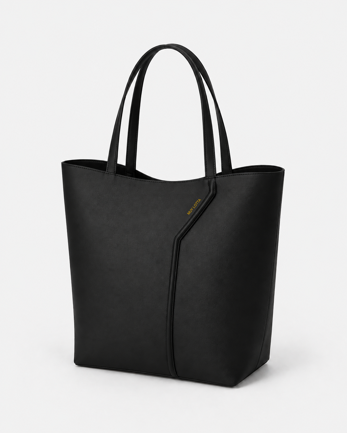 MUYLOTTA ML-TT05 black upright tote, three-quarter view, with a reverse-fold spine and rear-grown handles.