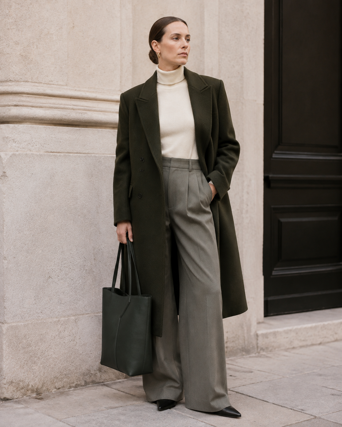 Woman in tailored neutrals carries the deep green MUYLOTTA ML-TT05 upright tote by its handles by a limestone wall.