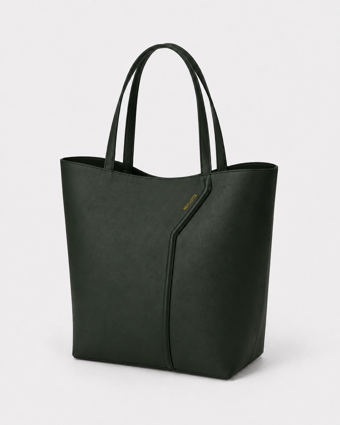 MUYLOTTA ML-TT05 deep green upright tote, three-quarter view, with a reverse-fold spine and rear-grown handles.