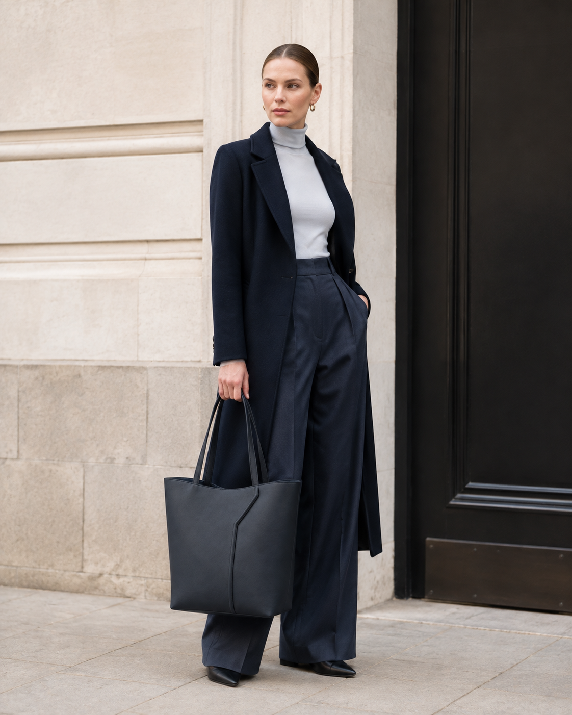 Woman in tailored neutrals carries the ink navy MUYLOTTA ML-TT05 upright tote by its handles by a limestone wall.