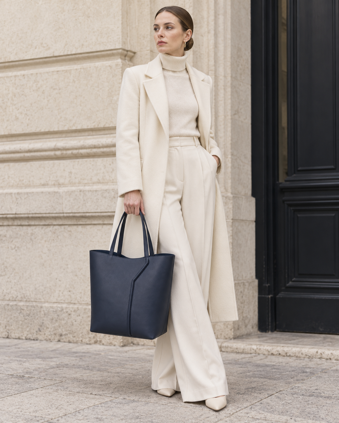 Woman carries the ink navy MUYLOTTA ML-TT05 upright tote in a second handle-carry styling view.
