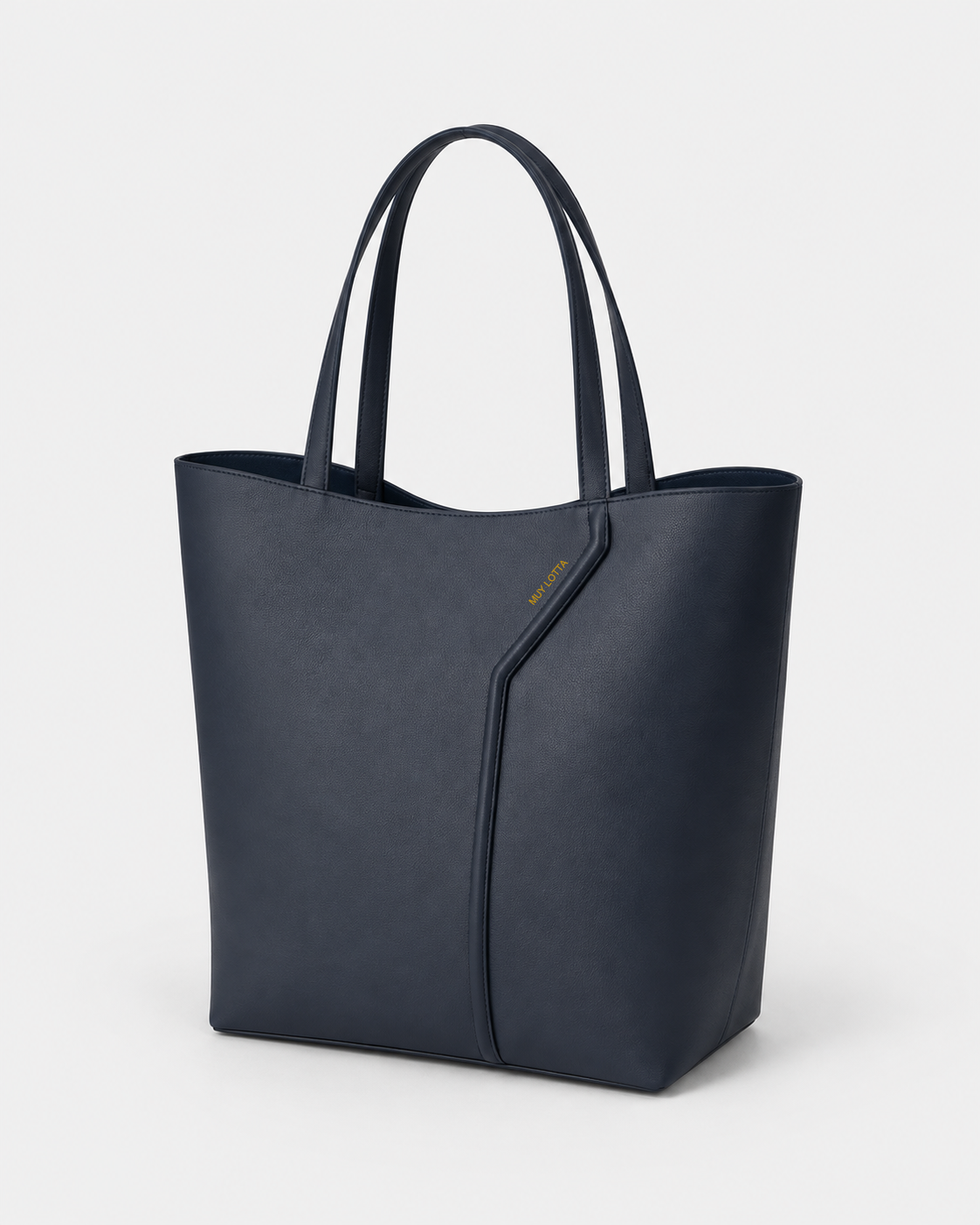 MUYLOTTA ML-TT05 ink navy upright tote, three-quarter view, with a reverse-fold spine and rear-grown handles.