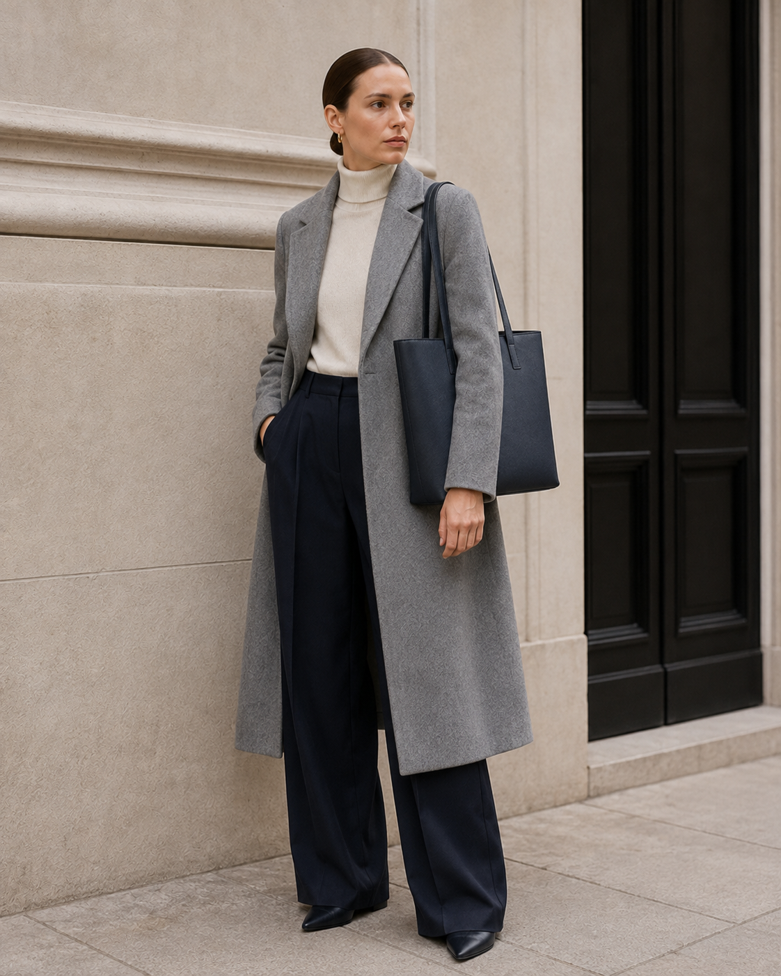Model carries the blue black MUYLOTTA ML-TT06 tote bag.