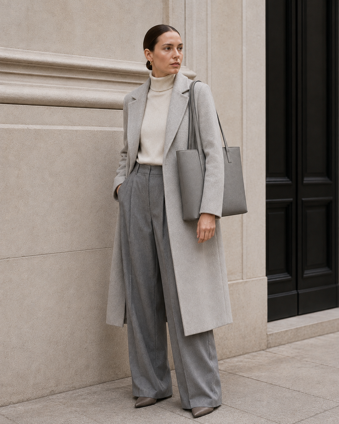 Model carries the mineral gray MUYLOTTA ML-TT06 tote bag.