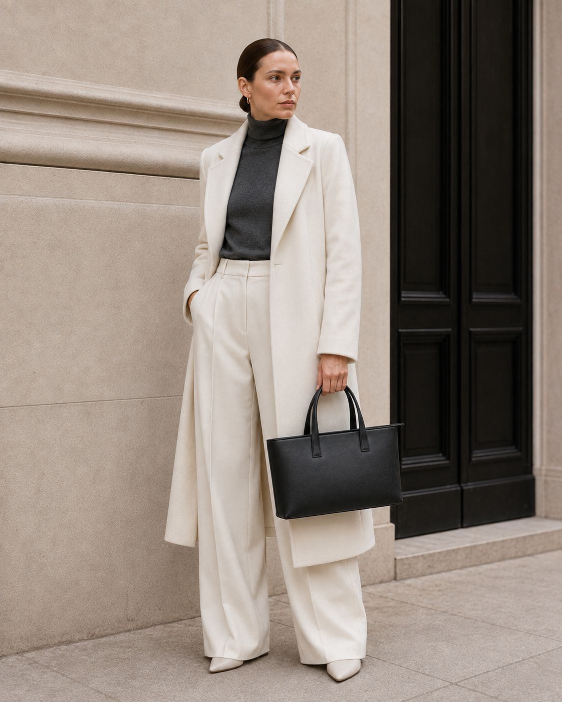 Model carries the black MUYLOTTA ML-TT07 tote bag.