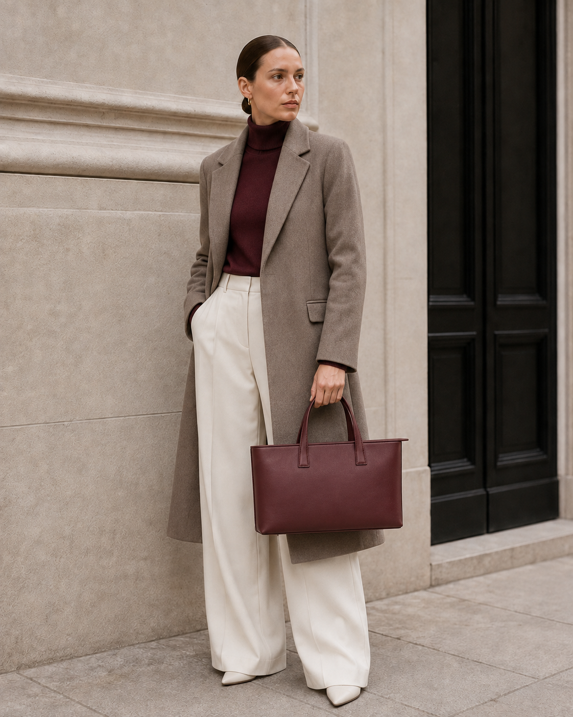 Model carries the oxidized burgundy MUYLOTTA ML-TT07 tote bag.