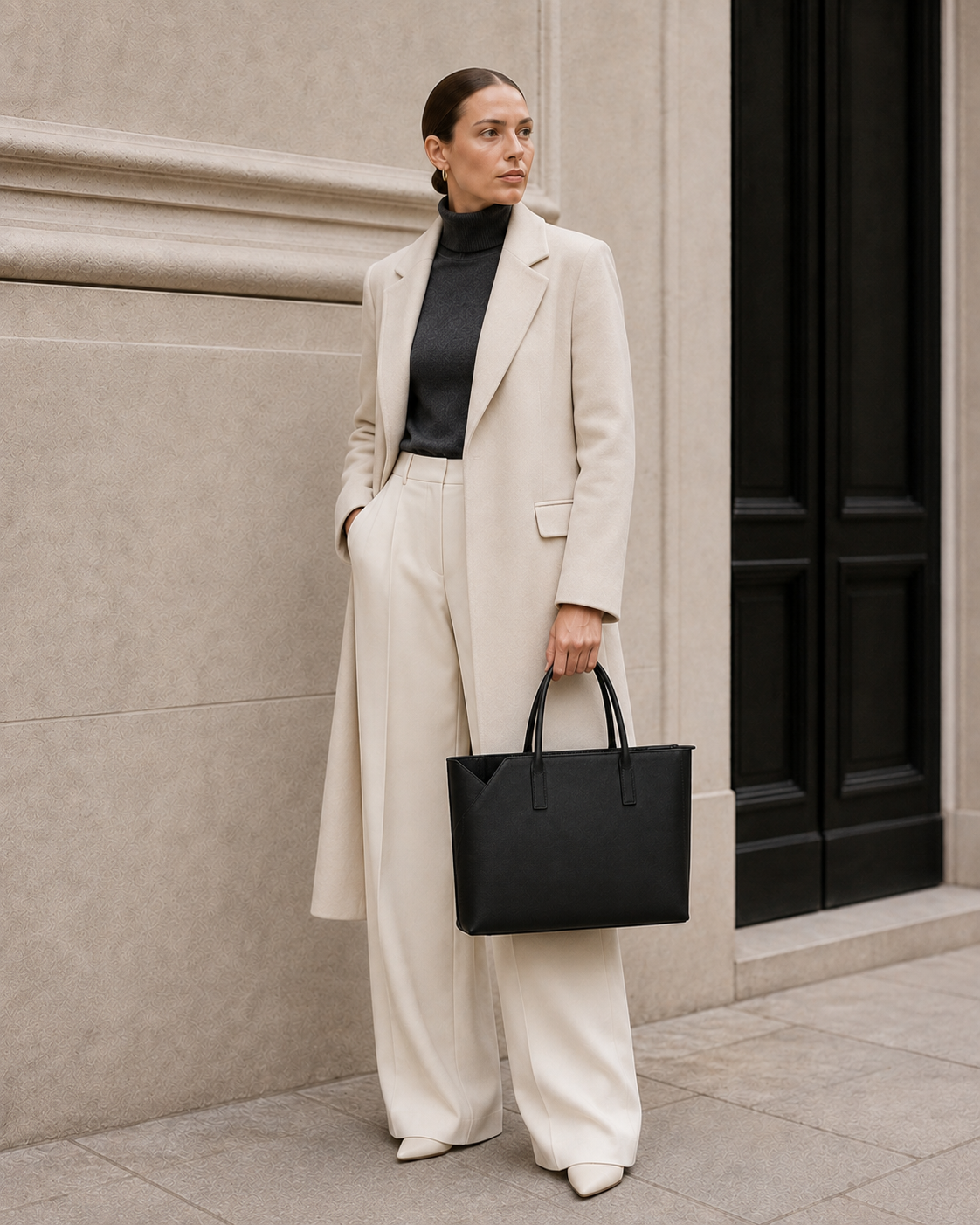 Model carries the black MUYLOTTA ML-TT08 tote bag.