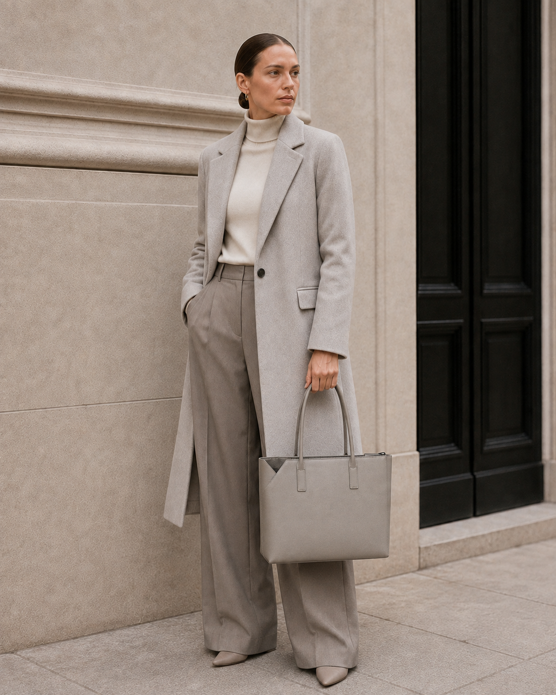 Model carries the bone gray MUYLOTTA ML-TT08 tote bag.