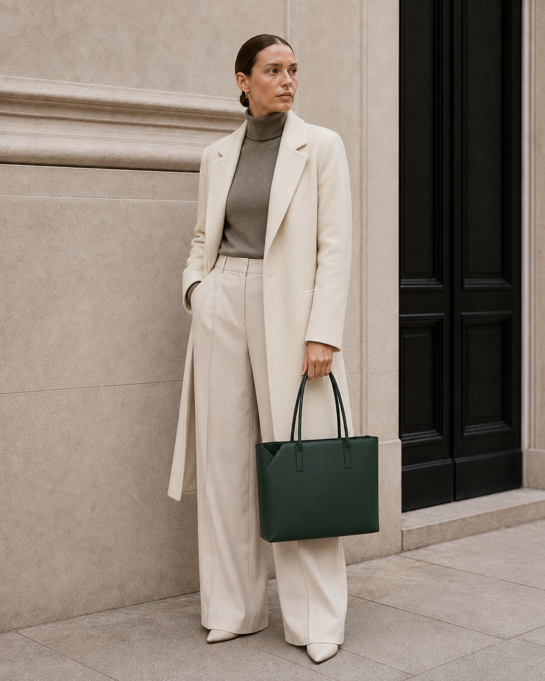 Model carries the deep forest green MUYLOTTA ML-TT08 tote bag.