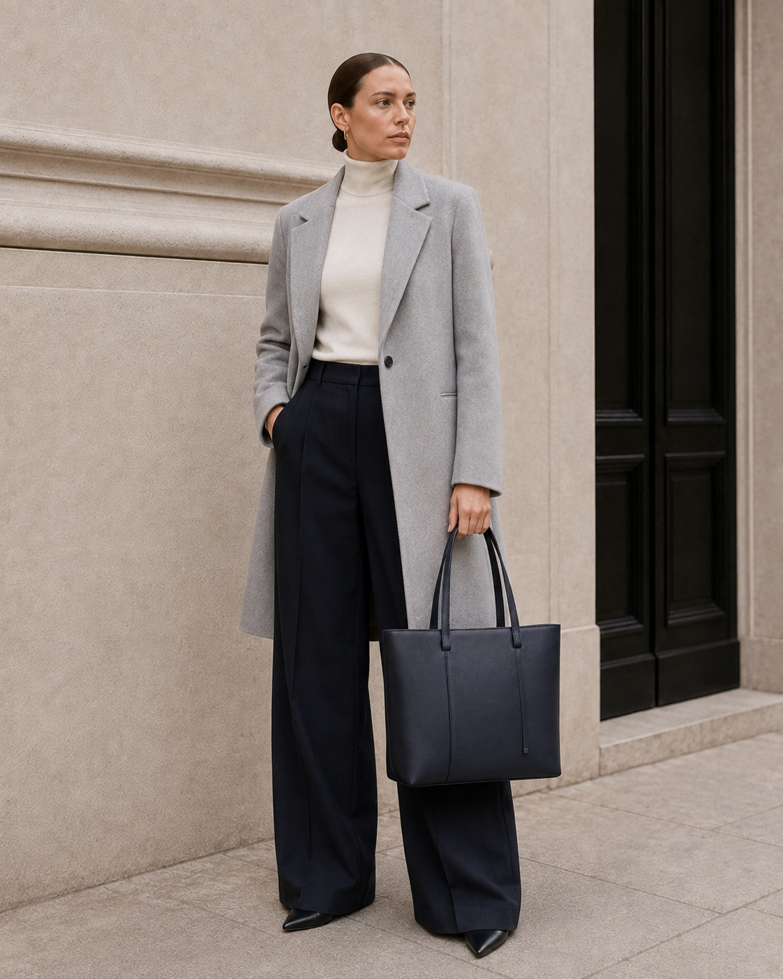 Model carries the blue black MUYLOTTA ML-TT09 tote bag.