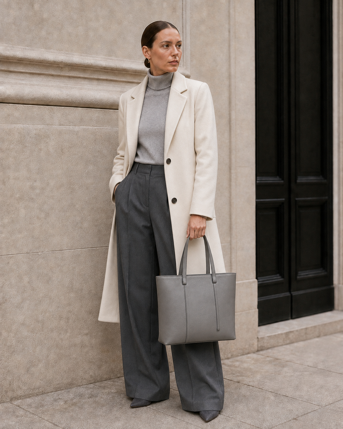 Model carries the cool gray MUYLOTTA ML-TT09 tote bag.