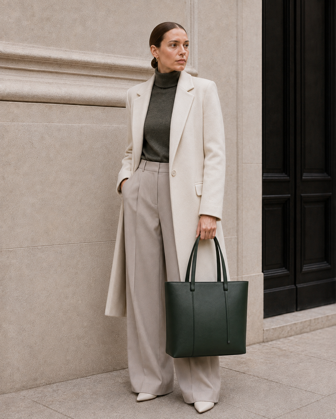 Model carries the deep forest green MUYLOTTA ML-TT09 tote bag.