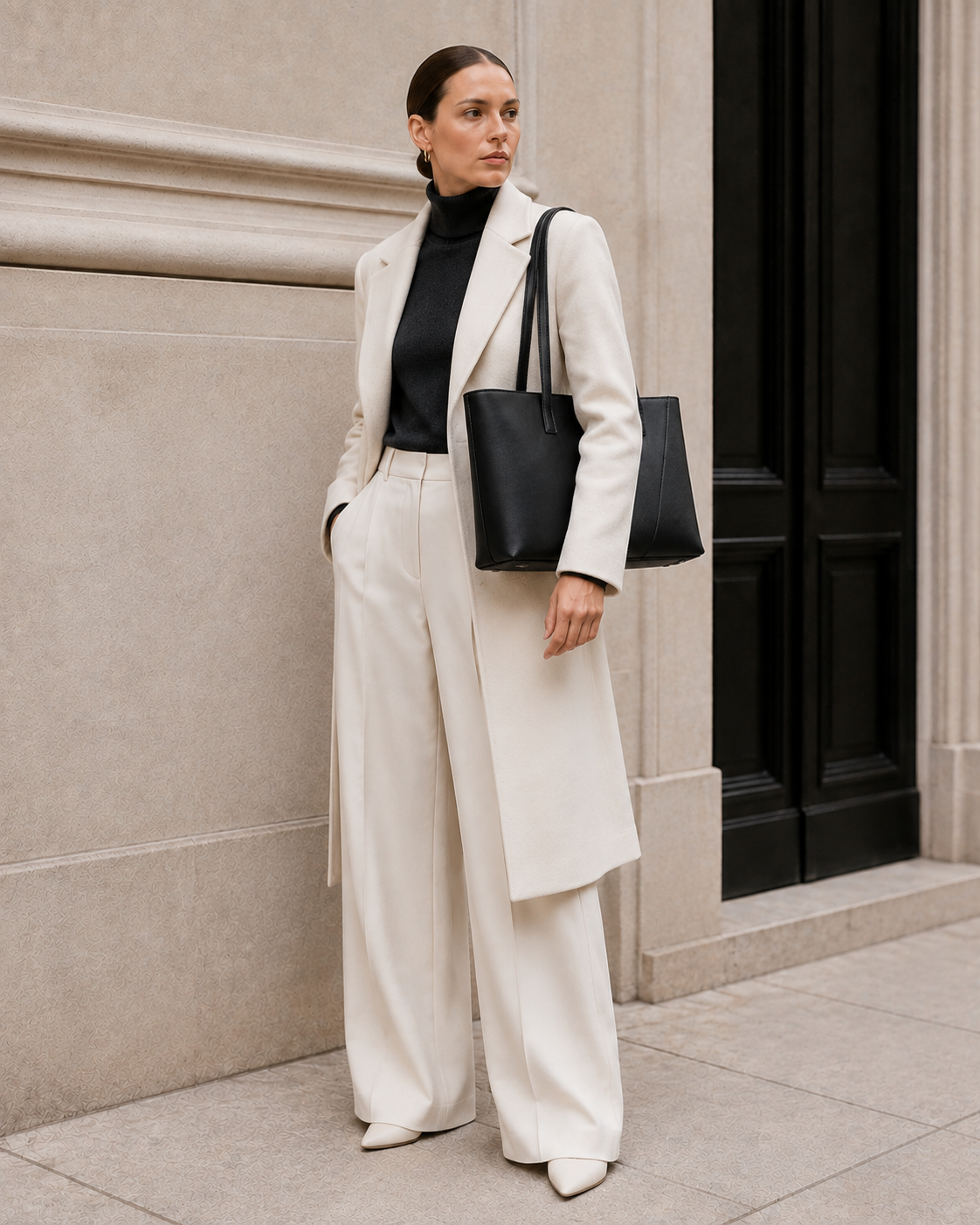 Model carries the black MUYLOTTA ML-TT10 tote bag. #black