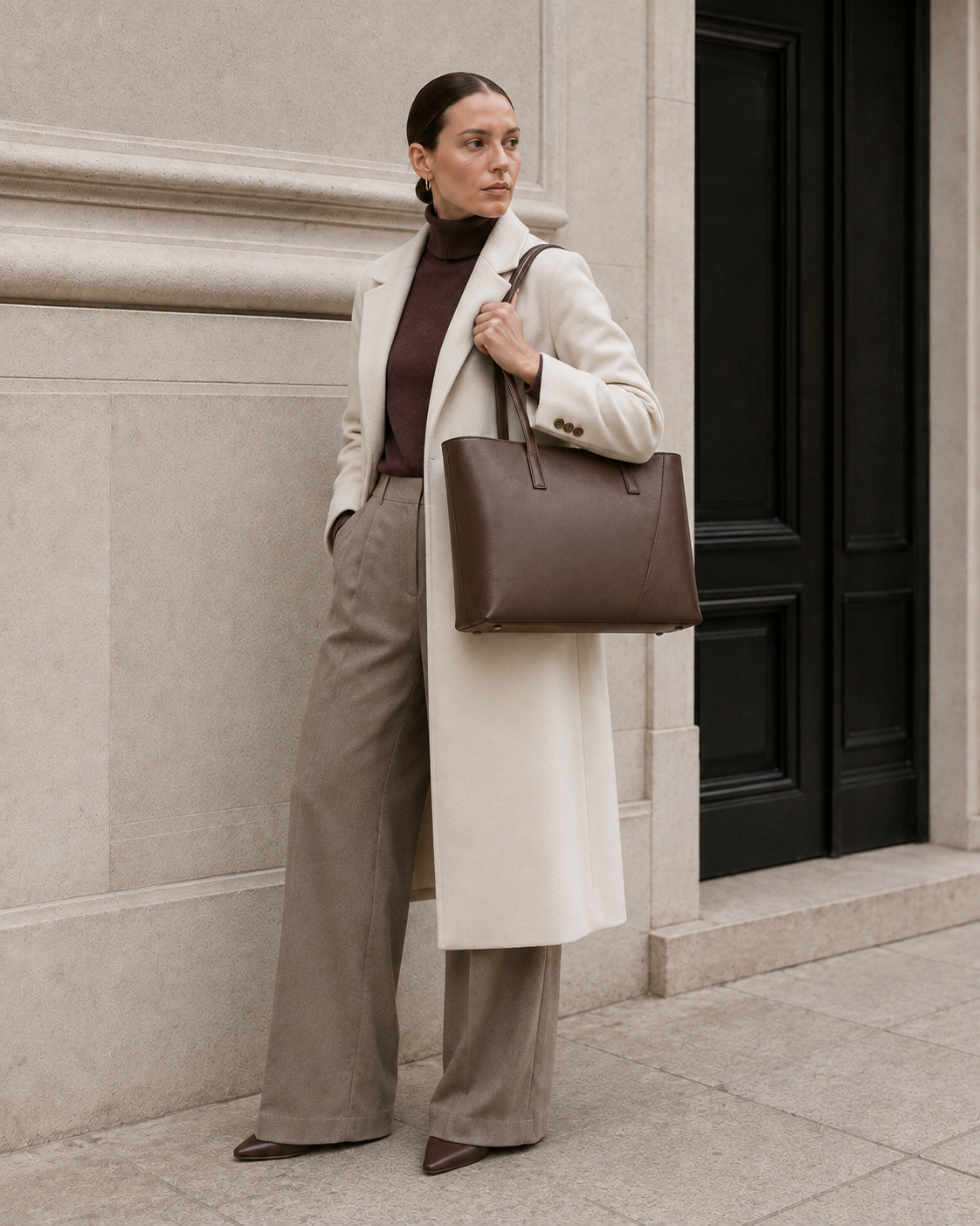 Model carries the cool walnut brown MUYLOTTA ML-TT10 tote bag. #cool-walnut-brown